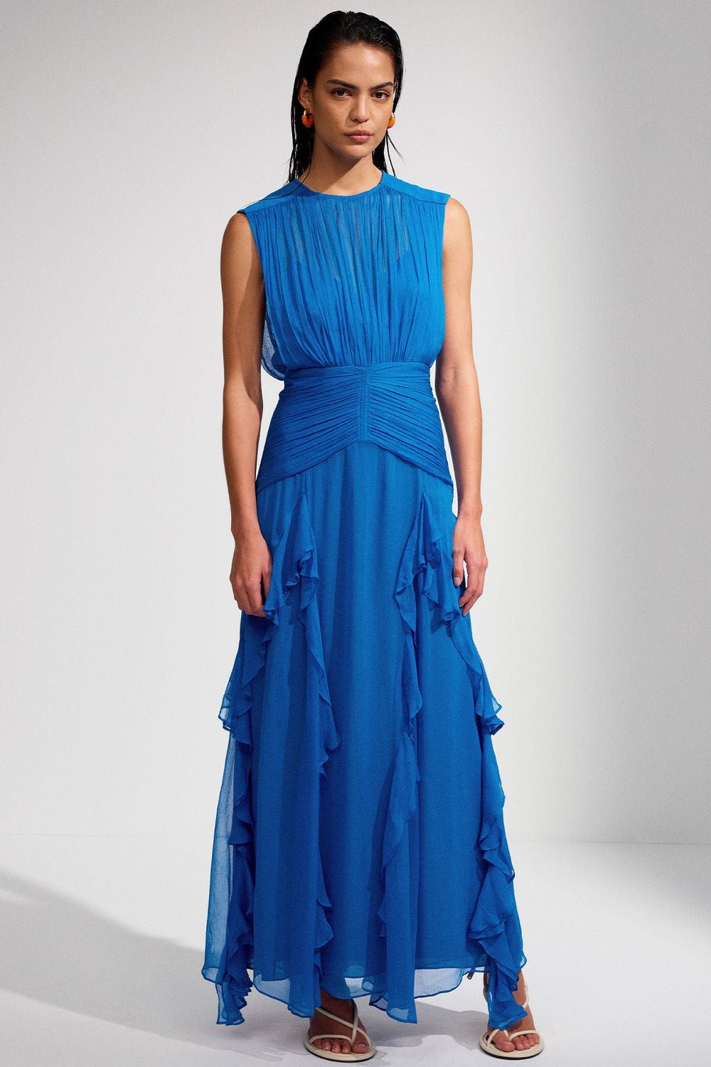 Vestido largo plisado con cuello redondo y volantes Eileen 