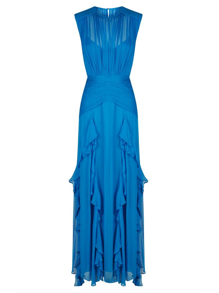 Vestido largo plisado con cuello redondo y volantes Eileen 