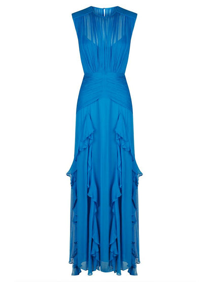Vestido largo plisado con cuello redondo y volantes Eileen 