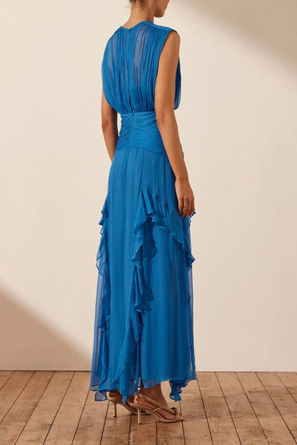 Vestido largo plisado con cuello redondo y volantes Eileen 