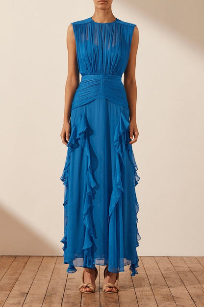 Vestido largo plisado con cuello redondo y volantes Eileen 