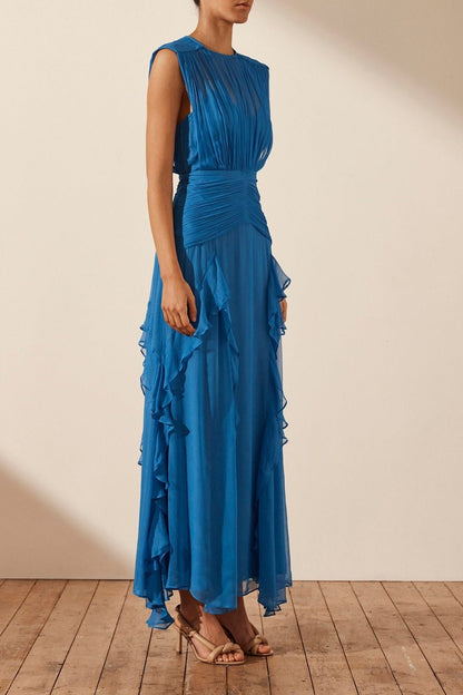 Vestido largo plisado con cuello redondo y volantes Eileen 