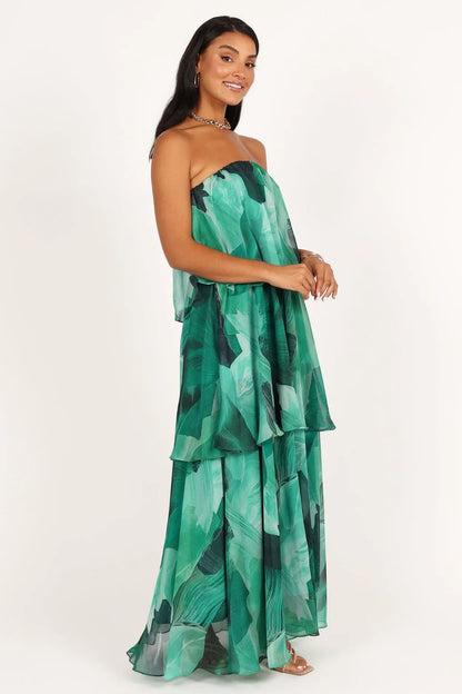 Vestido largo sin tirantes con capas y estampado Elsie 