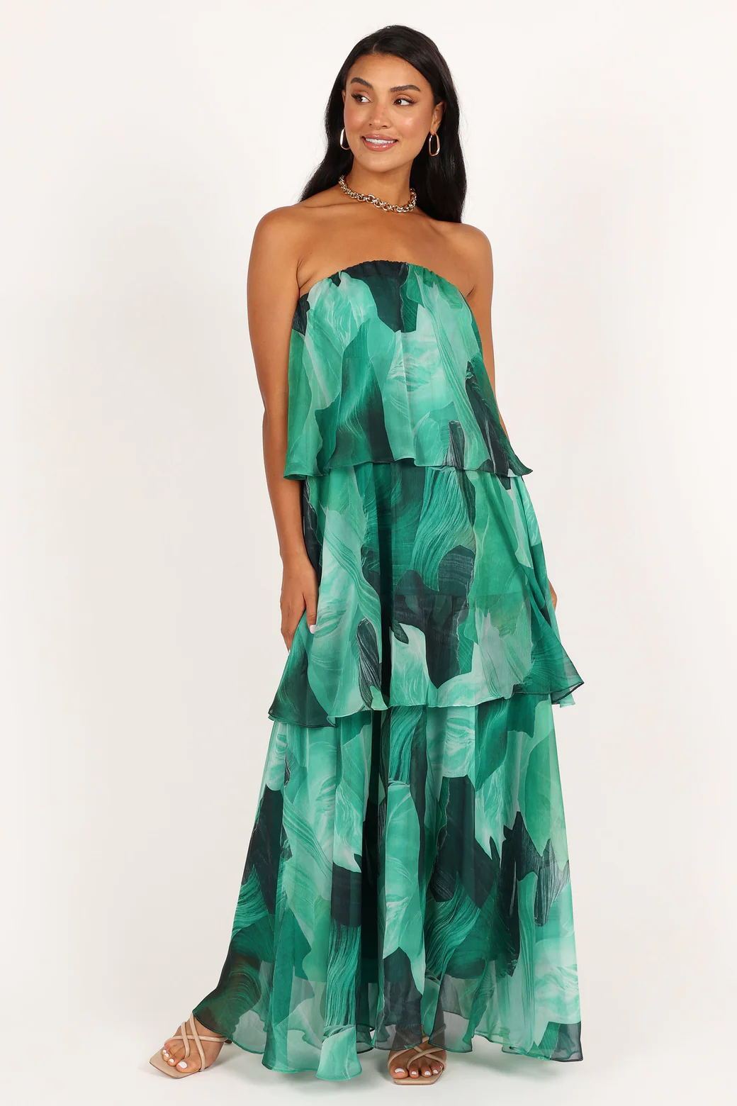 Vestido largo sin tirantes con capas y estampado Elsie 