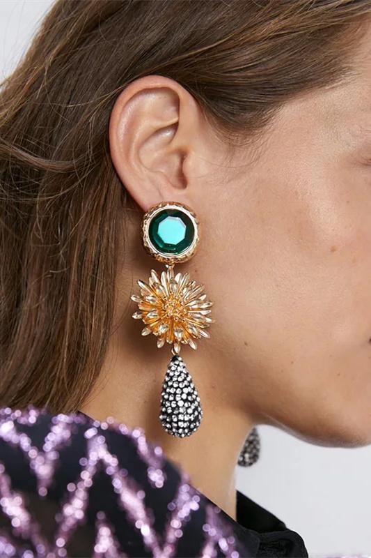 Pendientes de diamantes de imitación con flor de piedra esmeralda 