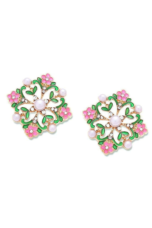 Pendientes colgantes de perlas con racimo de flores de esmalte 