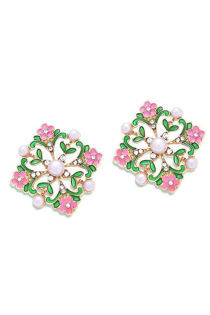 Enamel Flower Cluster Pearl Drop Earrings