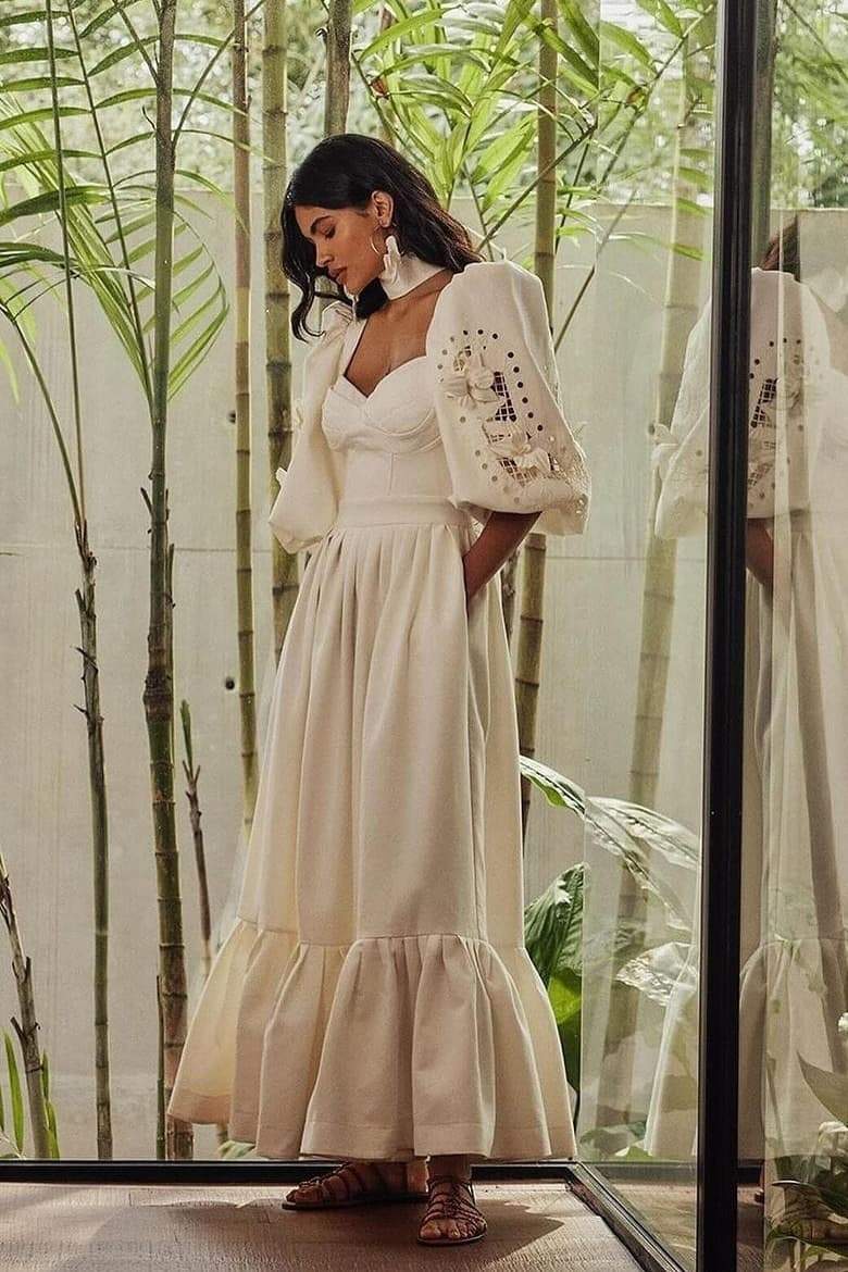 Vestido largo calado con mangas globo Eunice 
