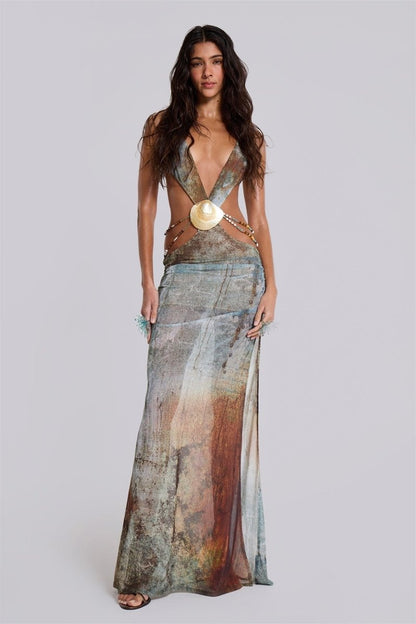 Vestido largo de malla con cuello halter y ribete de concha Eve 