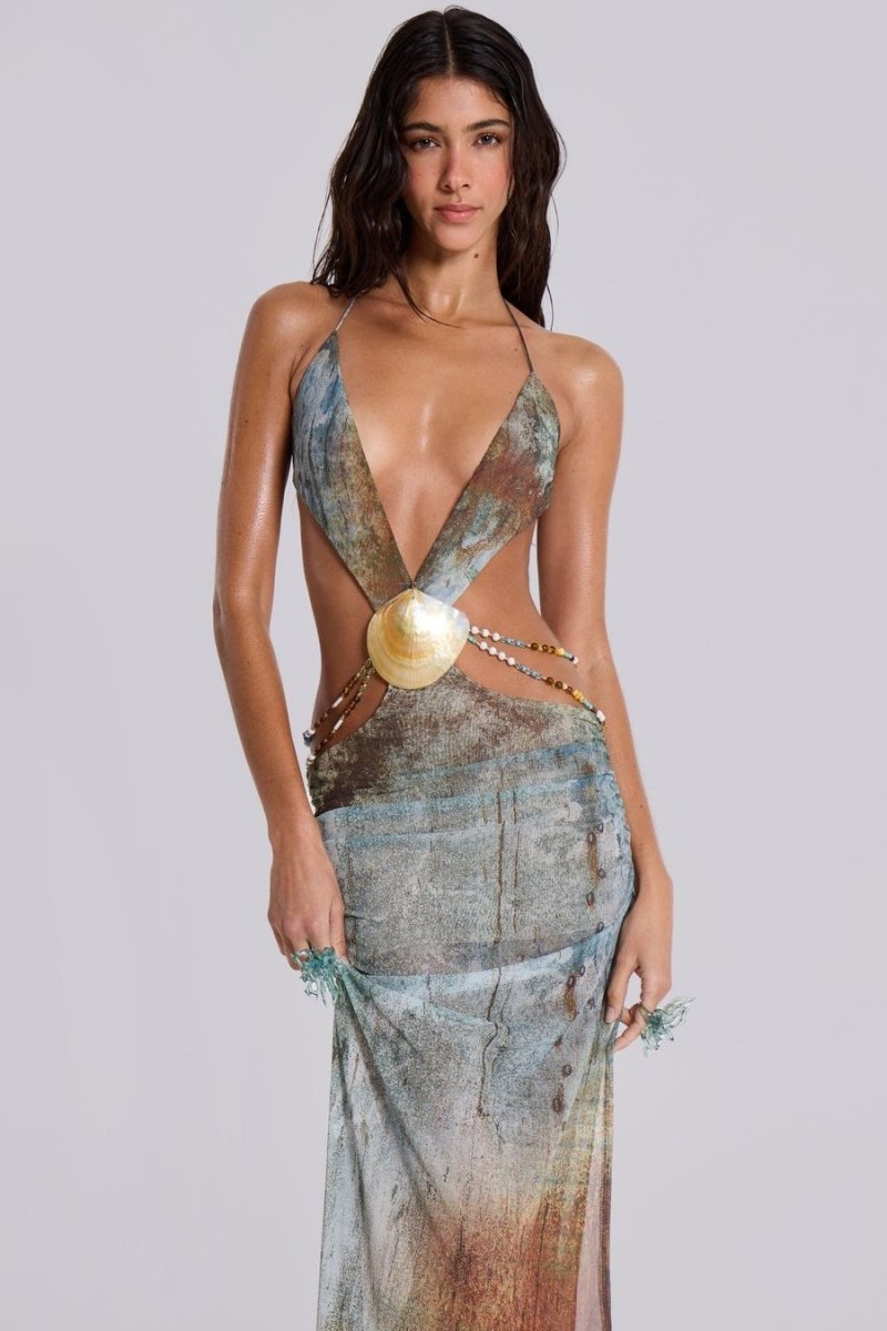 Vestido largo de malla con cuello halter y ribete de concha Eve 