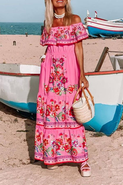 Vestido largo estampado con hombros descubiertos