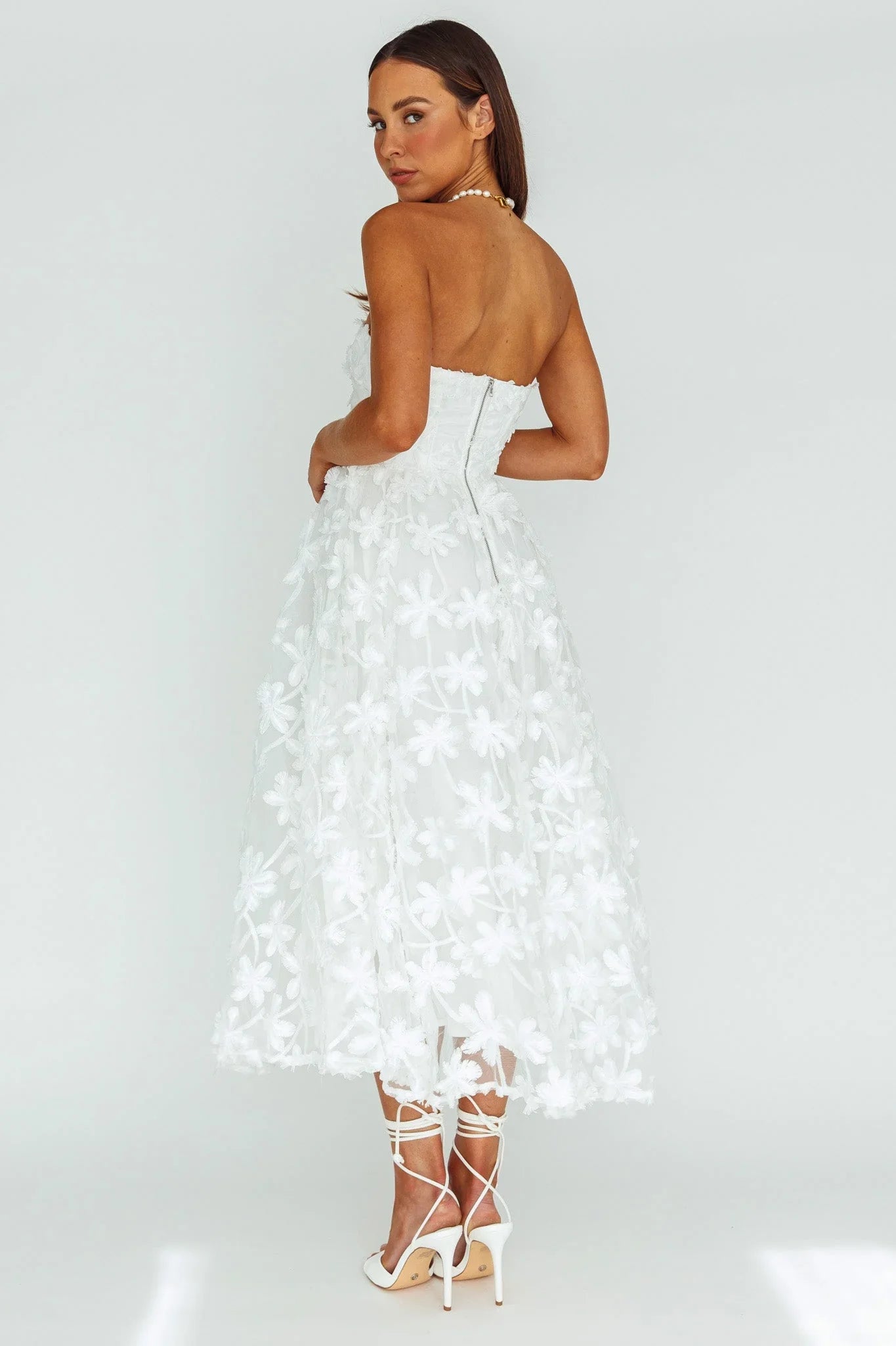 Dori Floral Embellished Midi Dress White