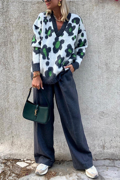 Suéter holgado con estampado de flores de punto de octubre acogedor