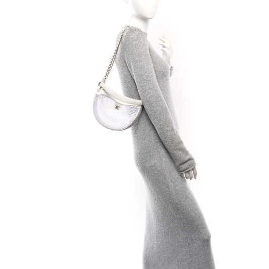 Mesh Shiny Lambskin Chain Hobo White