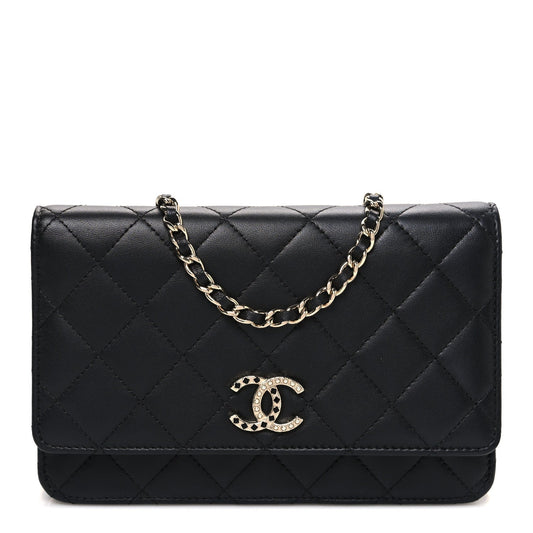 Lambskin Pearl Strass Quilted CC Wallet on Chain WOC Black