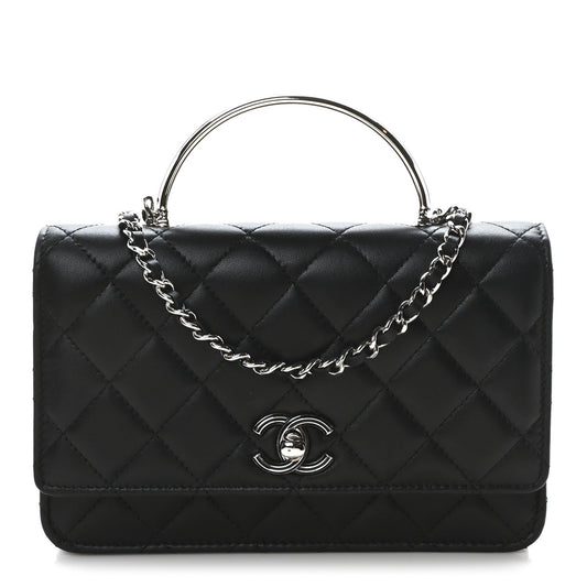 Lambskin Quilted Metal Top Handle Wallet On Chain WOC Black