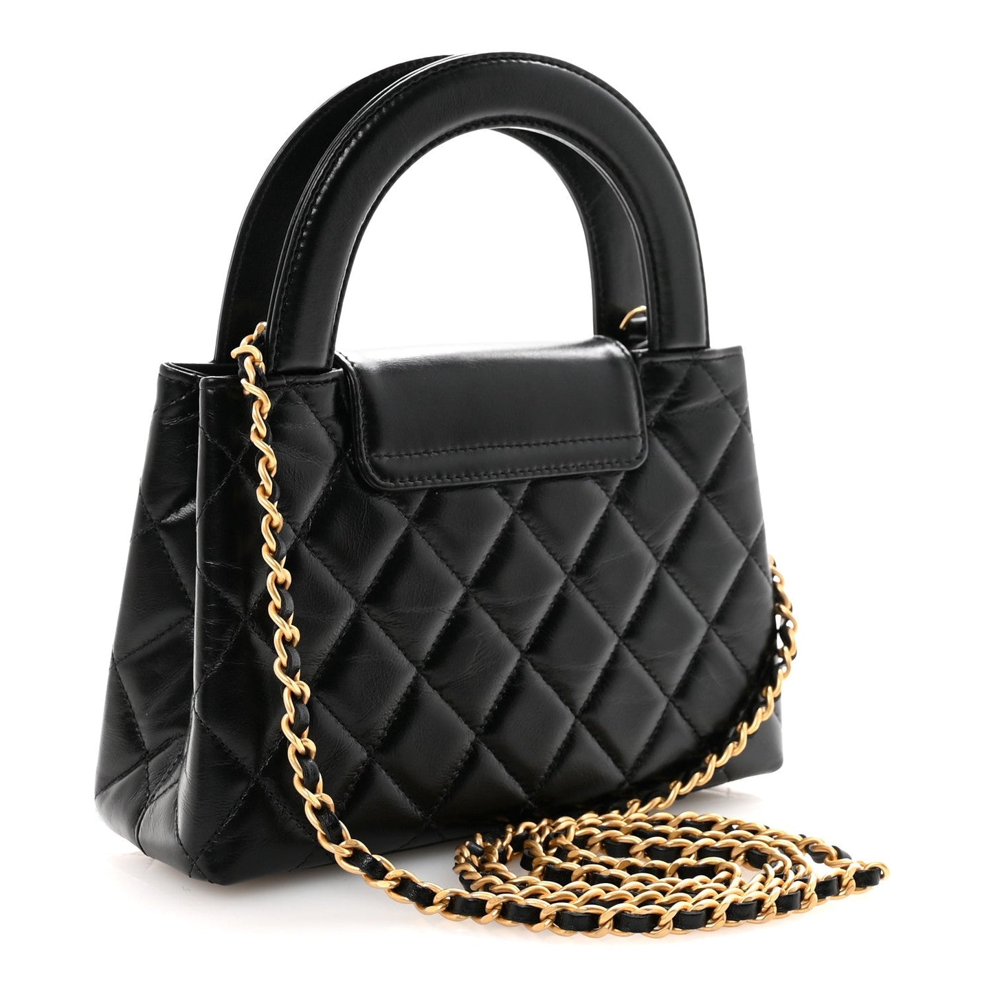 Shiny Aged Calfskin Quilted Nano Kelly Shopper Black