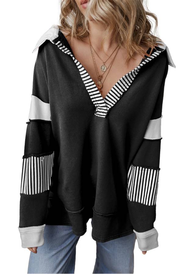 Light French Beige Striped Patchwork Collar Sweatshirt