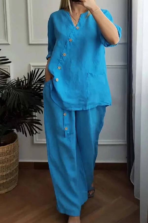 Conjunto de dos piezas de top corto y pantalón ancho de algodón y lino en color liso