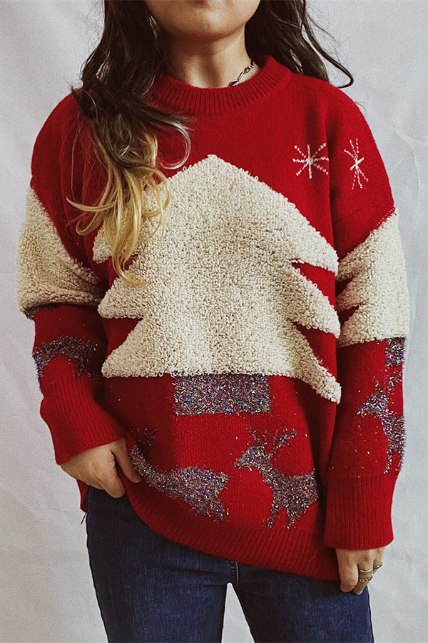 Suéter de punto de cuello redondo y manga larga con estampado navideño