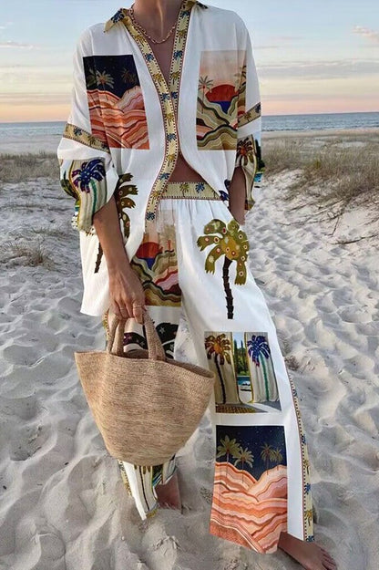 Conjunto holgado de dos piezas con estampado de palmeras