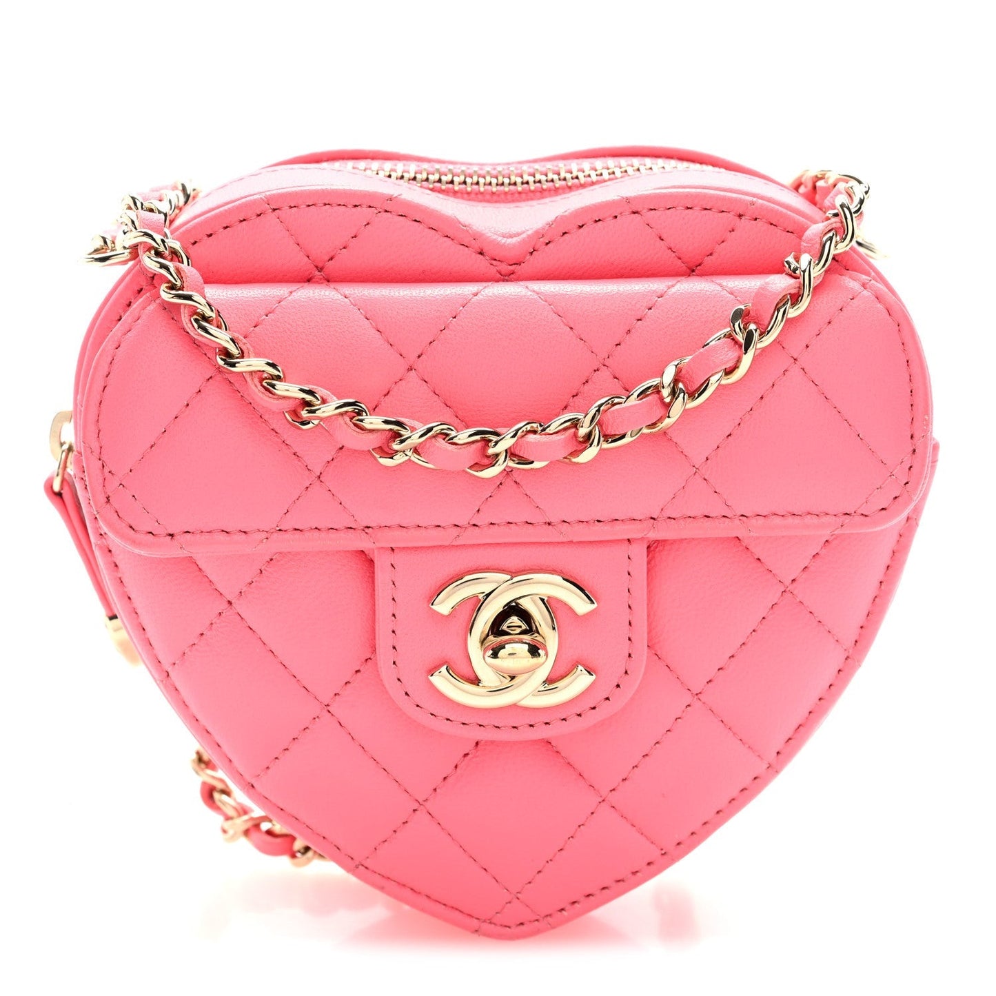 Lambskin Quilted CC In Love Heart Clutch With Chain Pink