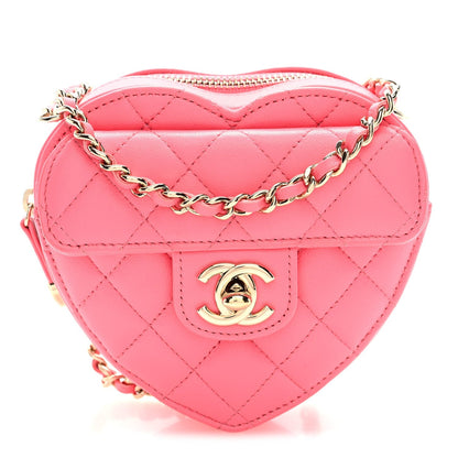 Lambskin Quilted CC In Love Heart Clutch With Chain Pink