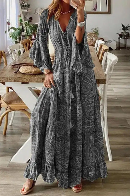Vestido maxi de vacaciones de manga larga con cuello en V y estampado peris suelto