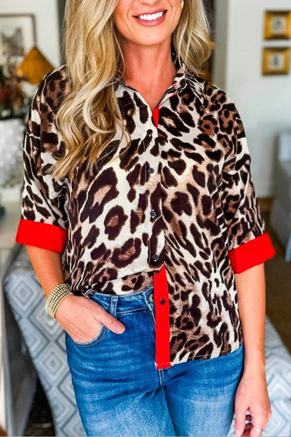 Camisa con estampado de leopardo y patchwork en marrón oscuro