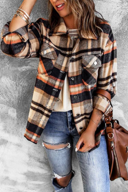 Chaqueta de franela de manga larga con botones y cuadros marrones