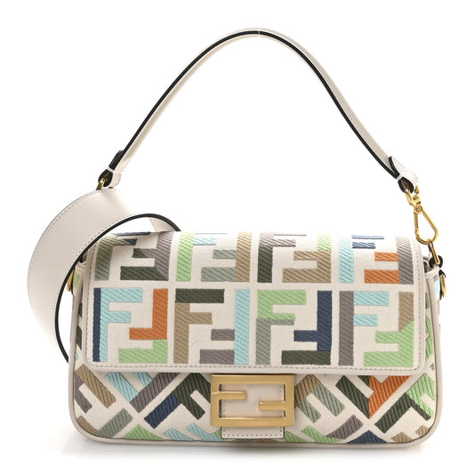 Canvas Vitello Seta FF Multicolor Embroidered Baguette Grezzo Multicolor Latte