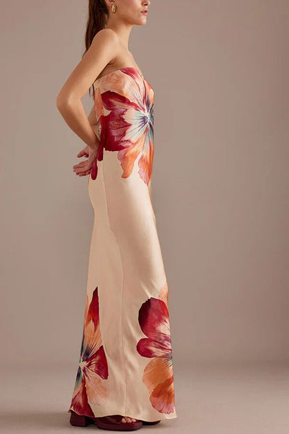 Vestido largo bandeau holgado con estampado floral de satén para dama encantadora