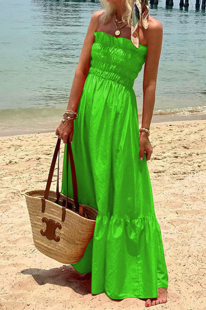 Vestido largo playero bandeau plisado con estampado playero