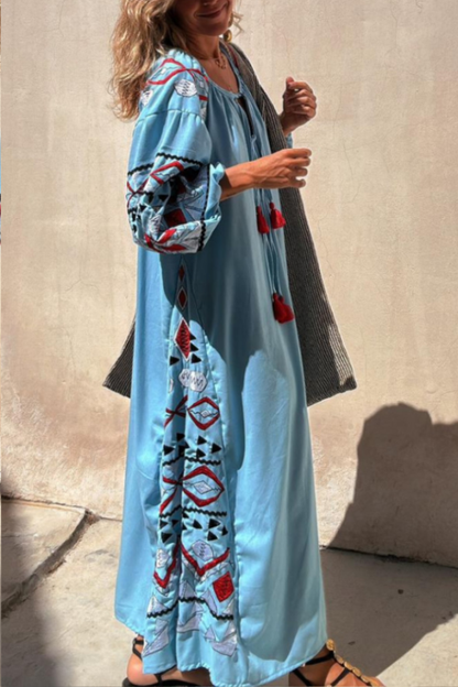 Falda larga con cuello en V azul, estilo étnico, estampado retro