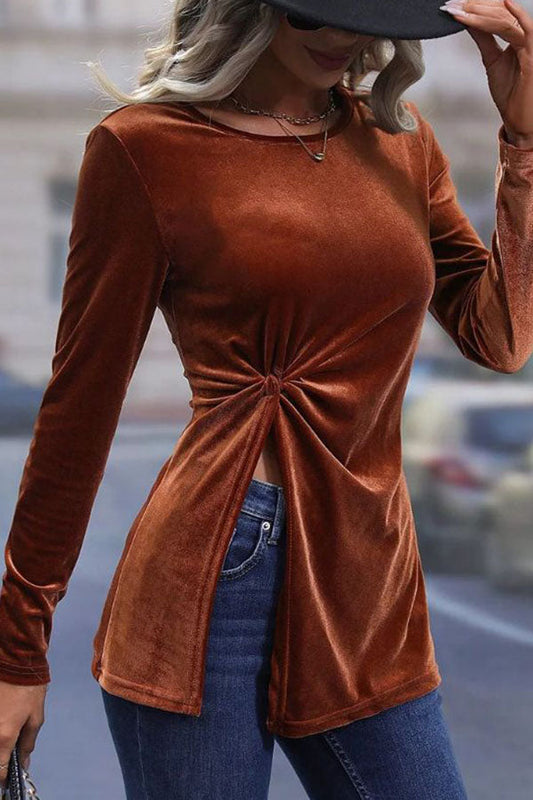 Gold velvet twist stretch crew neck long-sleeved top