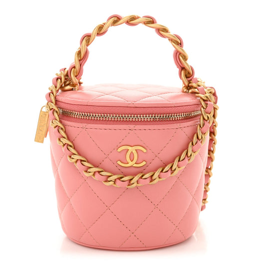 Lambskin Quilted Afternoon Tea Top Handle Vanity Case With Chain Light Pink