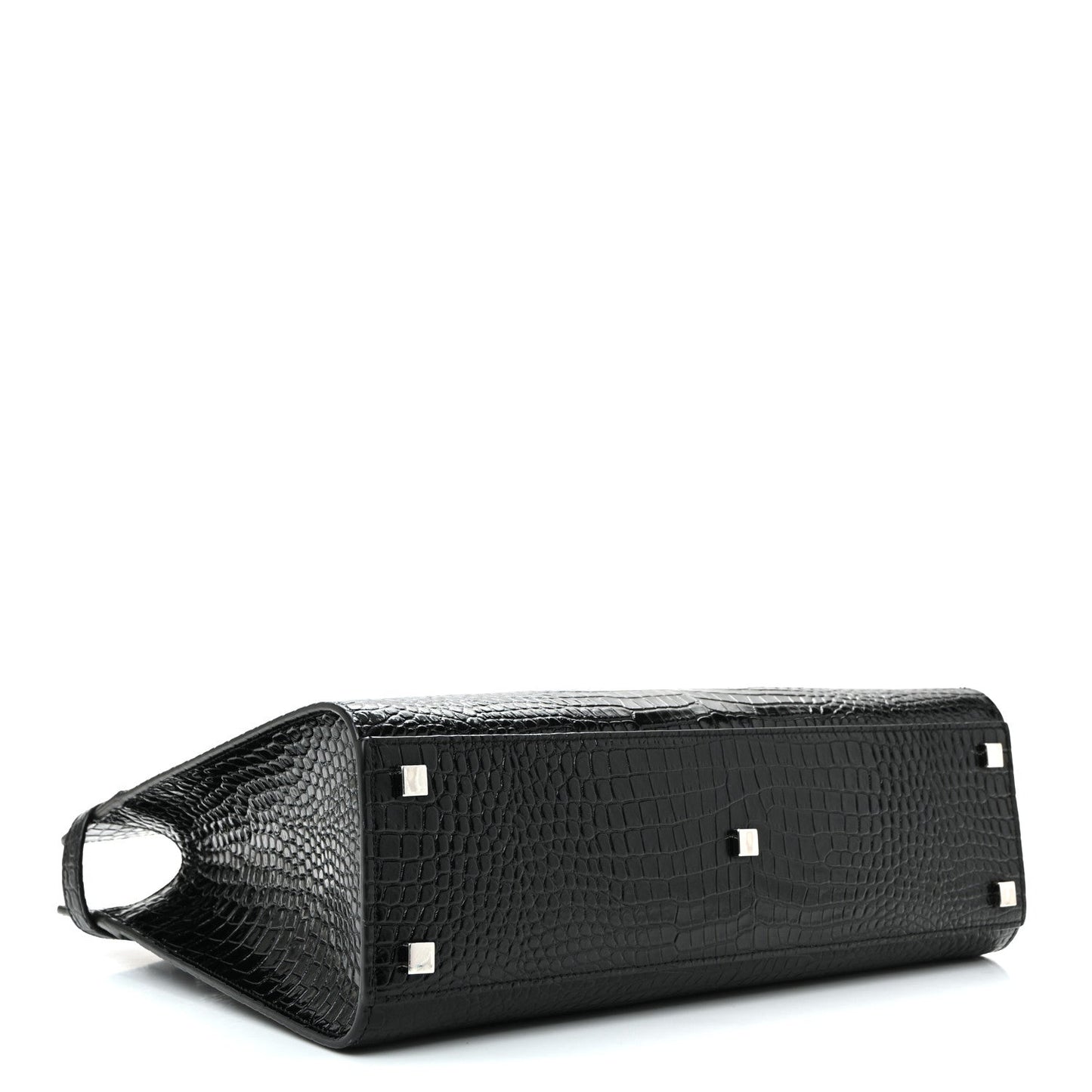 Shiny Calfskin Crocodile Embossed Small Manhattan Shopper Tote Black