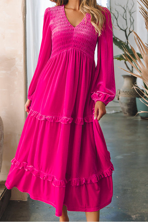 Vestido de terciopelo de manga larga con escote en V fruncido 