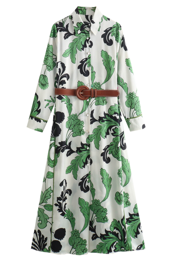 Vestido largo estilo camisa con cinturón y manga larga