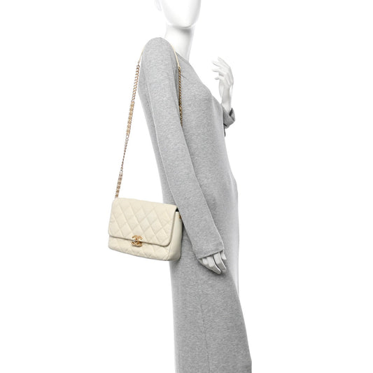 Shiny Caviar Quilted Small Chain Melody Flap White