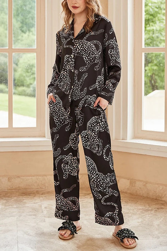 Conjunto de dos piezas de manga larga para casa con estampado de jaguar negro