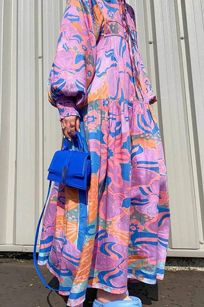 Vestido plisado de fiesta con mangas farol y lazo, estampado floral bohemio 