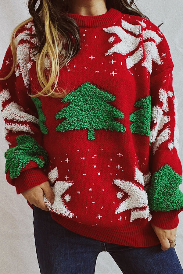 Suéter de punto de cuello redondo y manga larga con estampado navideño
