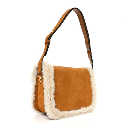 Suede Shearling Horsebit 1955 Shoulder Bag Honey Beige Milk