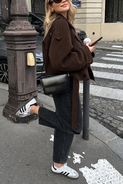 Chaqueta de lana de doble hilera con solapa y temperamento para mujer