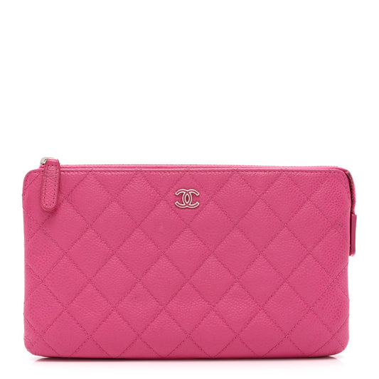 Caviar Quilted Enamel Zipped Clutch  Pink
