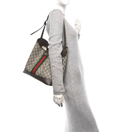 GG Supreme Monogram Textured Dollar Calfskin Web Large Ophidia Bucket Shoulder Bag Beige Ebony New Acero