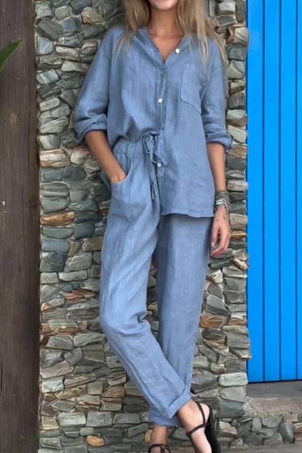 Conjunto informal de dos piezas de algodón y lino con cuello en V, camisa y pantalón de color liso 