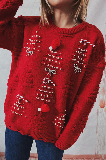 Suéter de punto de cuello redondo y manga larga con estampado navideño