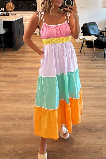 Vestido largo fluido de cintura alta con bolsillos, tirantes anudados y bloques de color multicolor